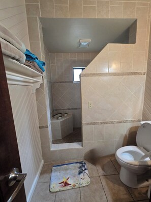 Shower, hair dryer, towels, toilet paper