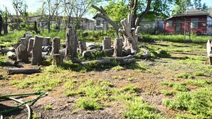 Un espacio al aire libre con estructuras de madera, una cerca y un edificio rojo al fondo.