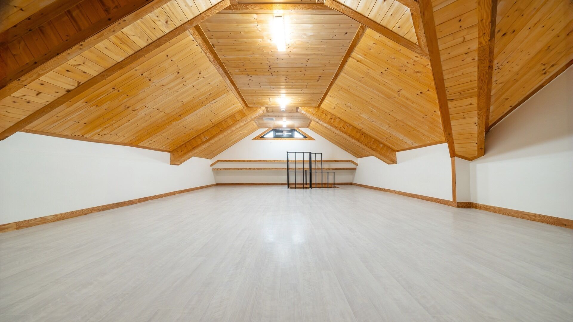 Een ruime zolderkamer met een schuin houten plafond en een dakraam.