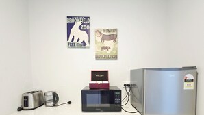A kitchen counter with a toaster, a microwave, and a refrigerator. There are two posters on the wall advertising the Brookfield Zoo. - Kingfisher Lodge Studio (Lake Tekapo)