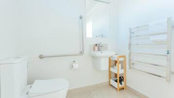 Hair dryer, towels, soap, shampoo