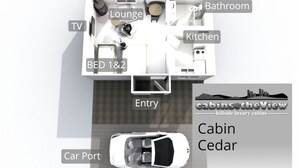 A cabin layout with a BBQ, spa, lounge, kitchen, bathroom, TV, and two bedrooms. - Deluxe King Studio - Cedar (Ocean View)