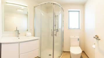 Hair dryer, towels, shampoo, toilet paper