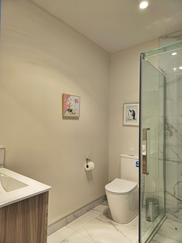 A modern bathroom with a glass shower enclosure, a toilet, and a sink with a wooden vanity.