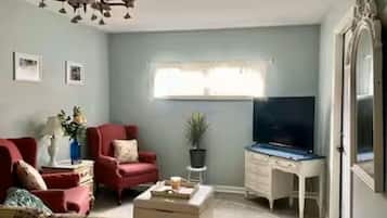 Smart TV, fireplace, books