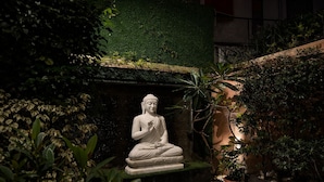 A statue in a garden with a green wall and plants.