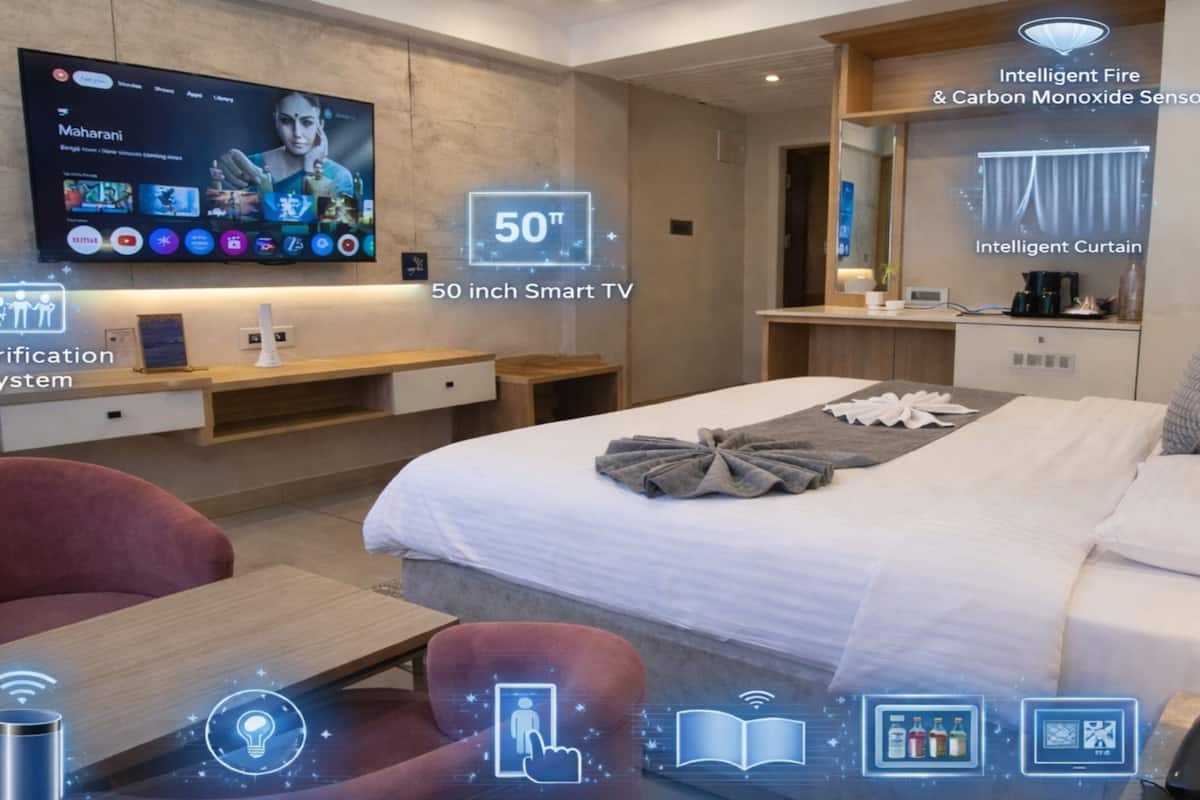 Een moderne hotelkamer met een 50-inch smart-tv, een luchtzuiveringssysteem, een slim brand- en koolmonoxidemelder, een automatische gordijn en een nachtkastje met een telefoon en een fles.