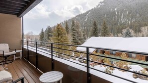 A balcony with a view of a snowy mountain and forest.