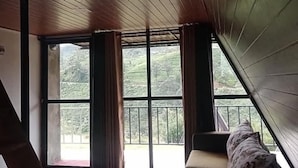 Una habitación con techo alto, ventanas amplias y alfombra roja.
