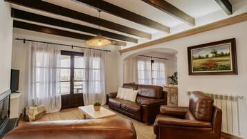 Televisie, een open haard en boeken