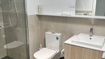 Hair dryer, towels, soap, toilet paper