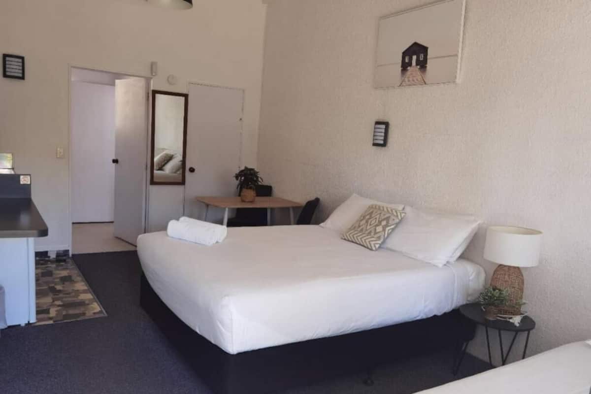 A hotel room with a bed, a desk, a chair, a lamp, and a small table with a plant.