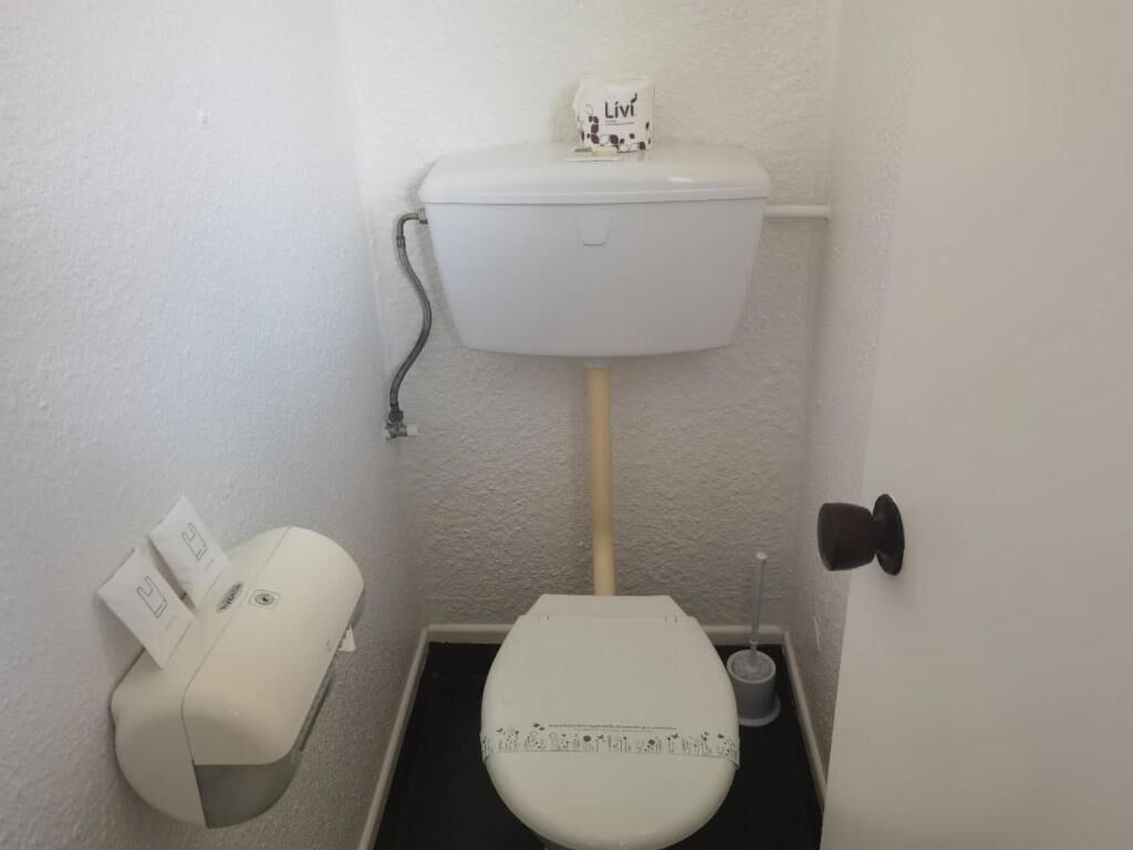 Et lille, kompakt badeværelse med toilet, toiletpapirsholder og bidét.