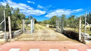Un cancello chiuso all'ingresso di una proprietà, con cielo sereno e un vialetto che vi conduce.