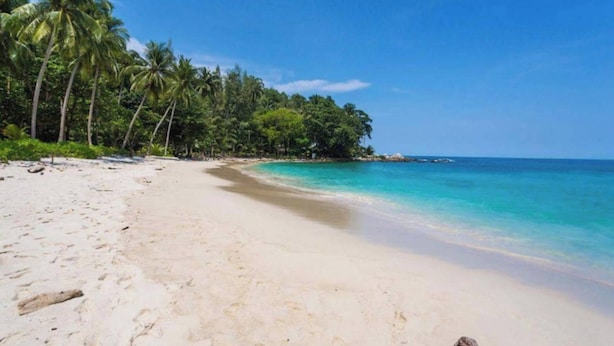 A beach with clear turquoise water, white sand, and palm trees. - Tropical View Apartment Viva Patong A601 (Patong)