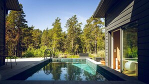 En modern utomhuspool med fri utsikt över den omgivande skogen.