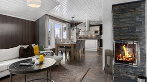 Een moderne woonkamer met een open haard, een eethoek en een keuken.