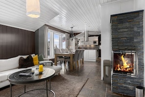 A modern living room with a fireplace, a dining area, and a kitchen. - Ski-in/Ski-out apartment with Sauna in Trysil REF:TH720 (Trysil)