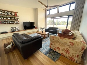 Smart TV, chimenea, libros y estéreo 