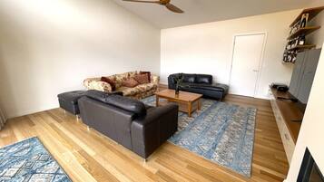 Smart-TV, Kamin, Bücher, Stereoanlage