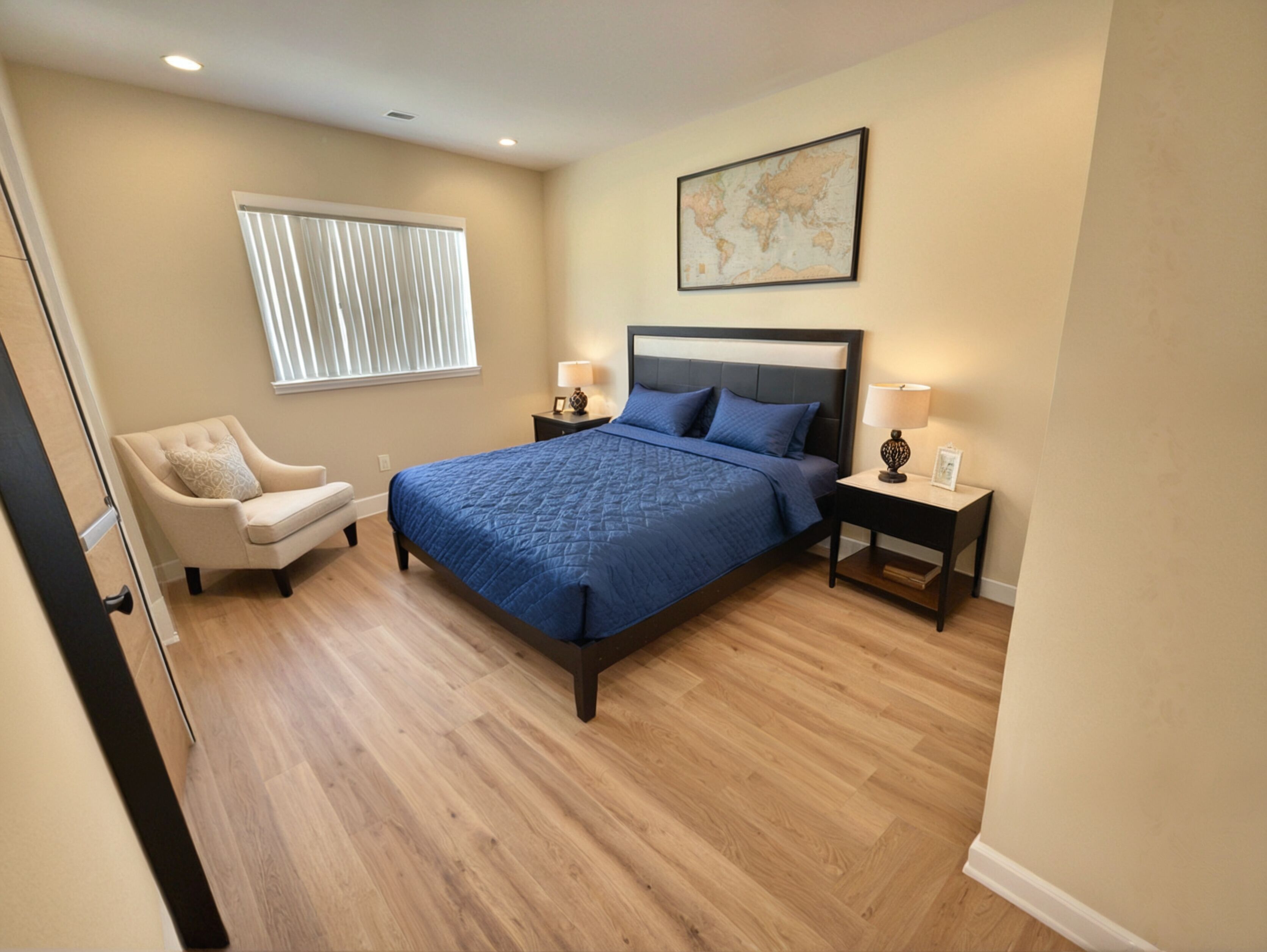 A bedroom with a large bed, two bedside tables, a chair, and a window with blinds.