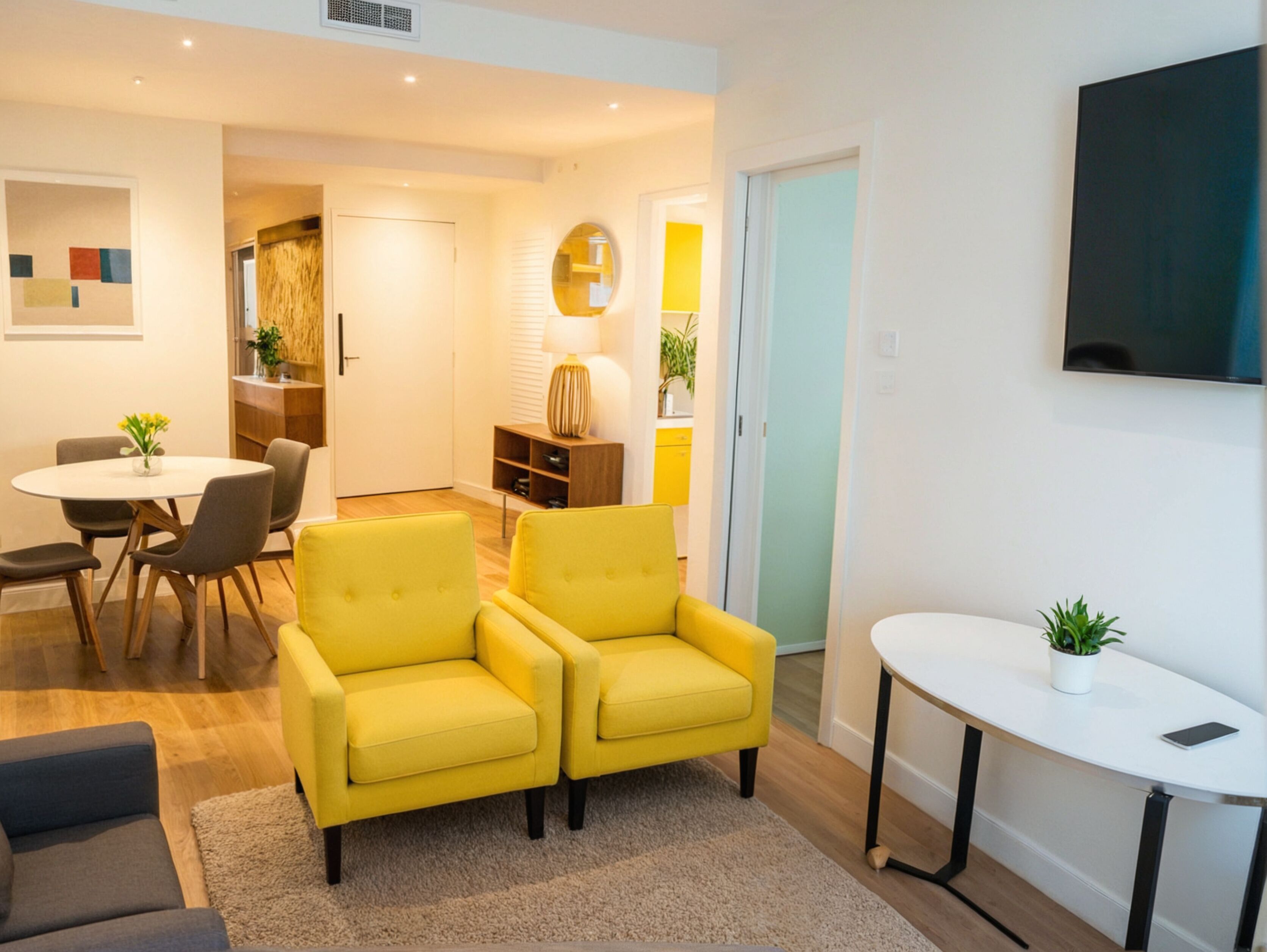 A modern living room with a yellow sofa set, a dining area with a round table and chairs, and a small white table with a plant.