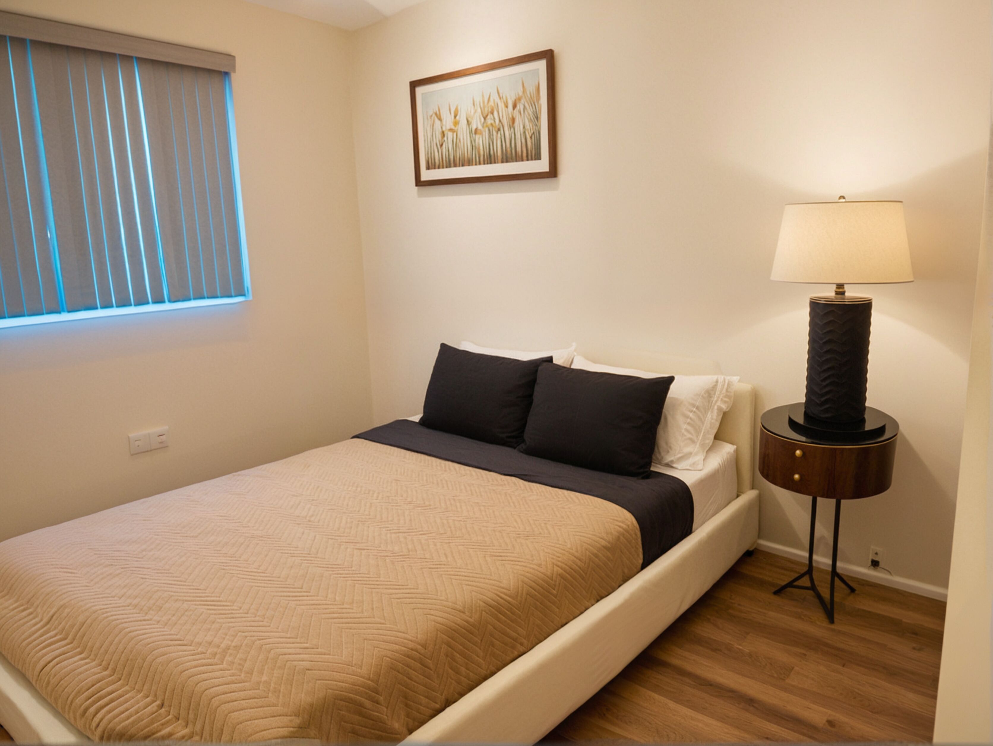 A neatly made bed with a beige and black bedspread, a small bedside table with a lamp, and a window with blinds.