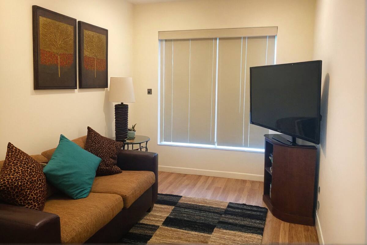 Una sala de estar con un sofá, un televisor, una lámpara y una ventana con persianas.