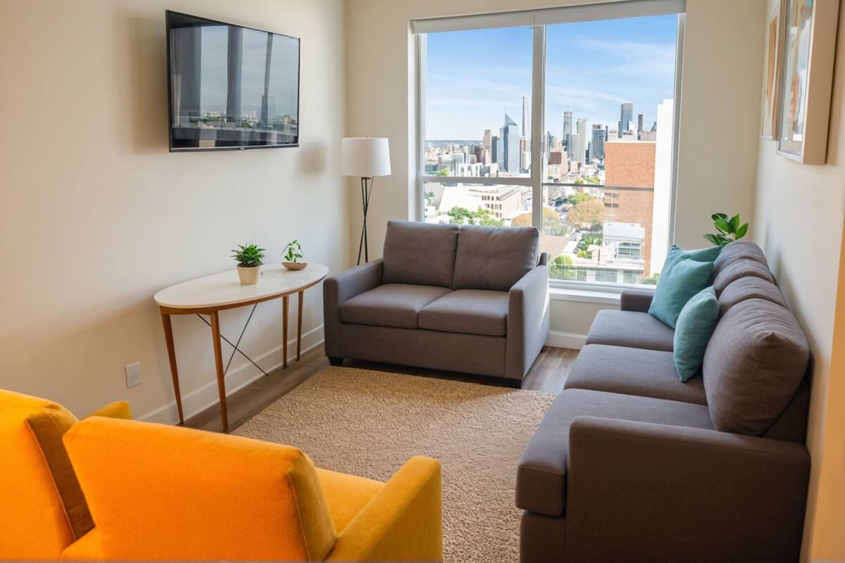 Departamento, 2 habitaciones | Área de sala de estar | Televisión LED de 50 pulgadas con canales digitales y Netflix