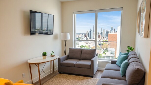 Un salon moderne avec un canapé, une petite table et une vue sur le paysage urbain, visible à travers de grandes fenêtres.