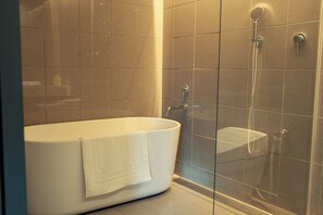 Aðskilið baðker/sturta, snyrtivörur án endurgjalds, hárblásari