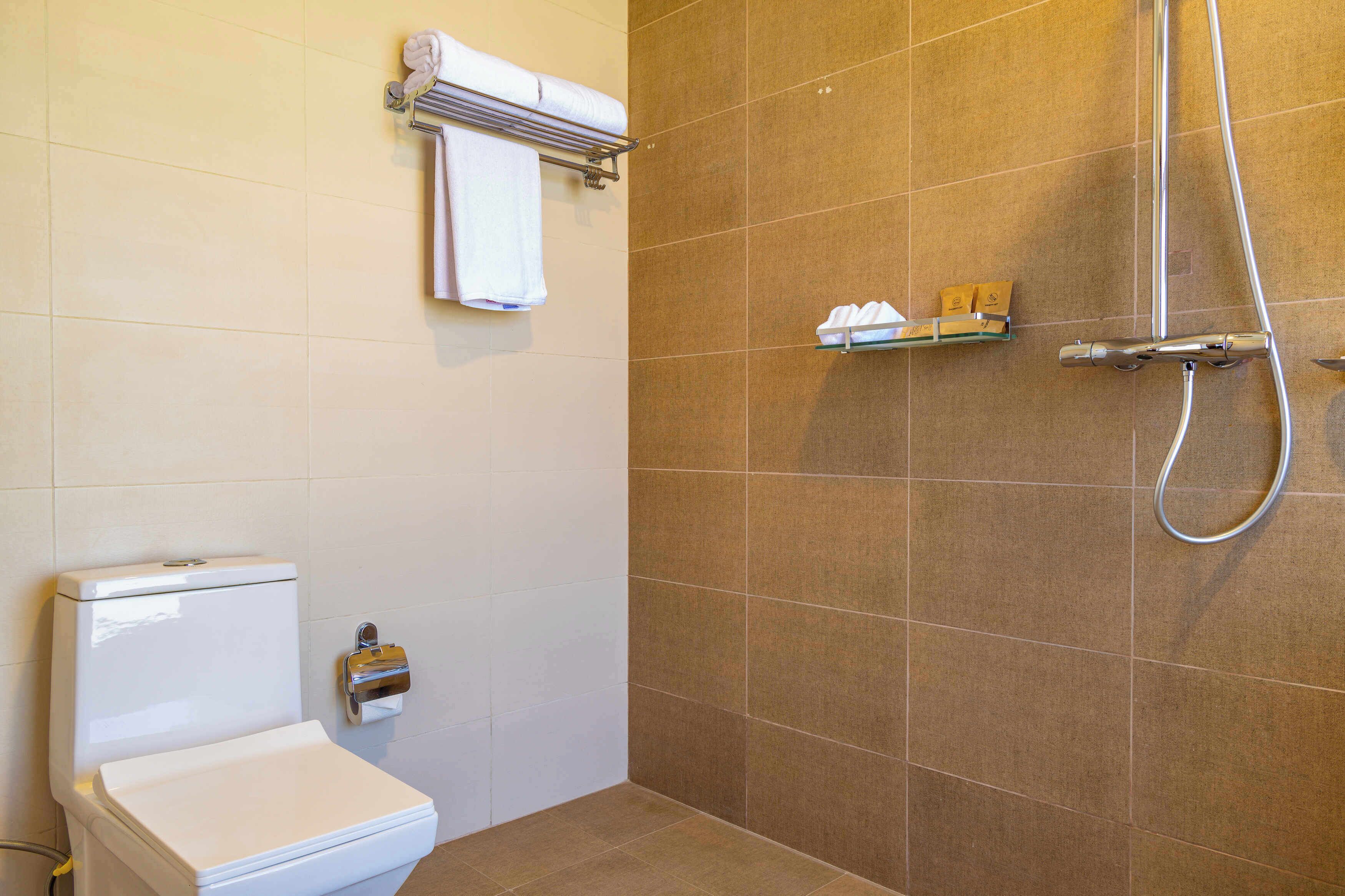 Un baño con inodoro, toallero, ducha y dispensador de jabón.
