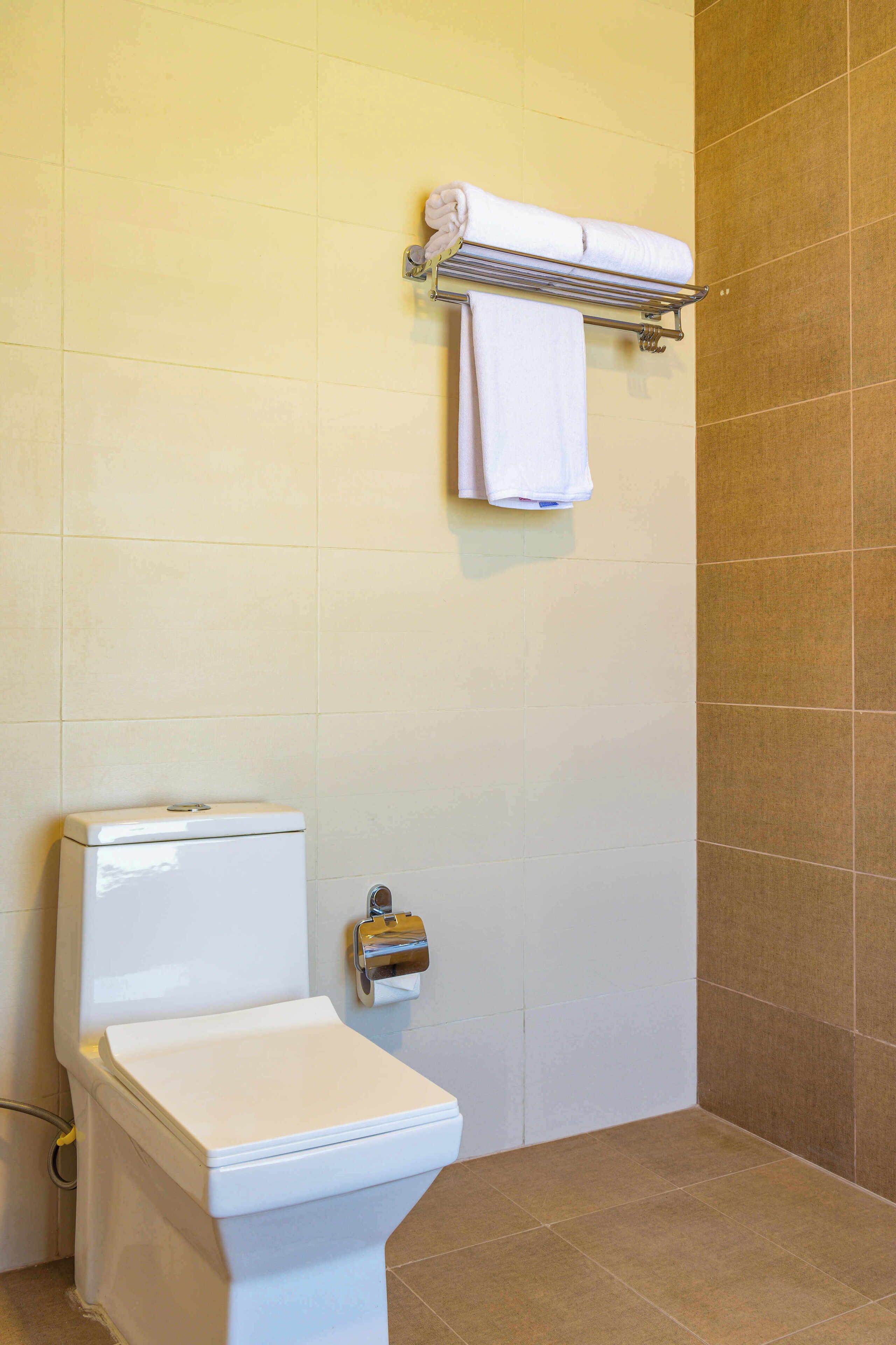 Un baño con inodoro blanco, un perchero con dos toallas y un dispensador de papel higiénico.