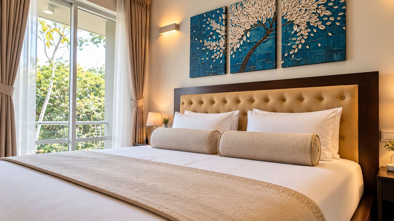 A hotel room with a large bed, a window with curtains, a wall-mounted artwork, and a nightstand with a lamp.