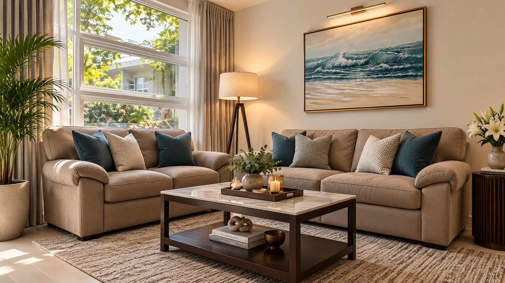 A living room with two sofas, a coffee table, a lamp, and a painting of the ocean.