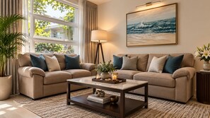 A living room with two sofas, a coffee table, a lamp, and a painting of the ocean. - Lake Villas Premium Kandy (Kandy)