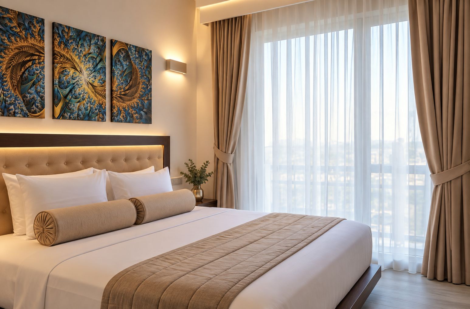 A hotel room with a large bed, a headboard, a wall-mounted light, and a window with curtains.