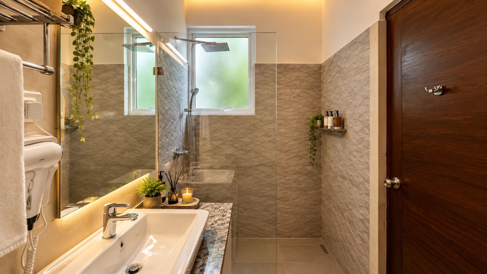 Un baño moderno con ducha envuelta en vidrio, una bañera blanca y una puerta de madera.