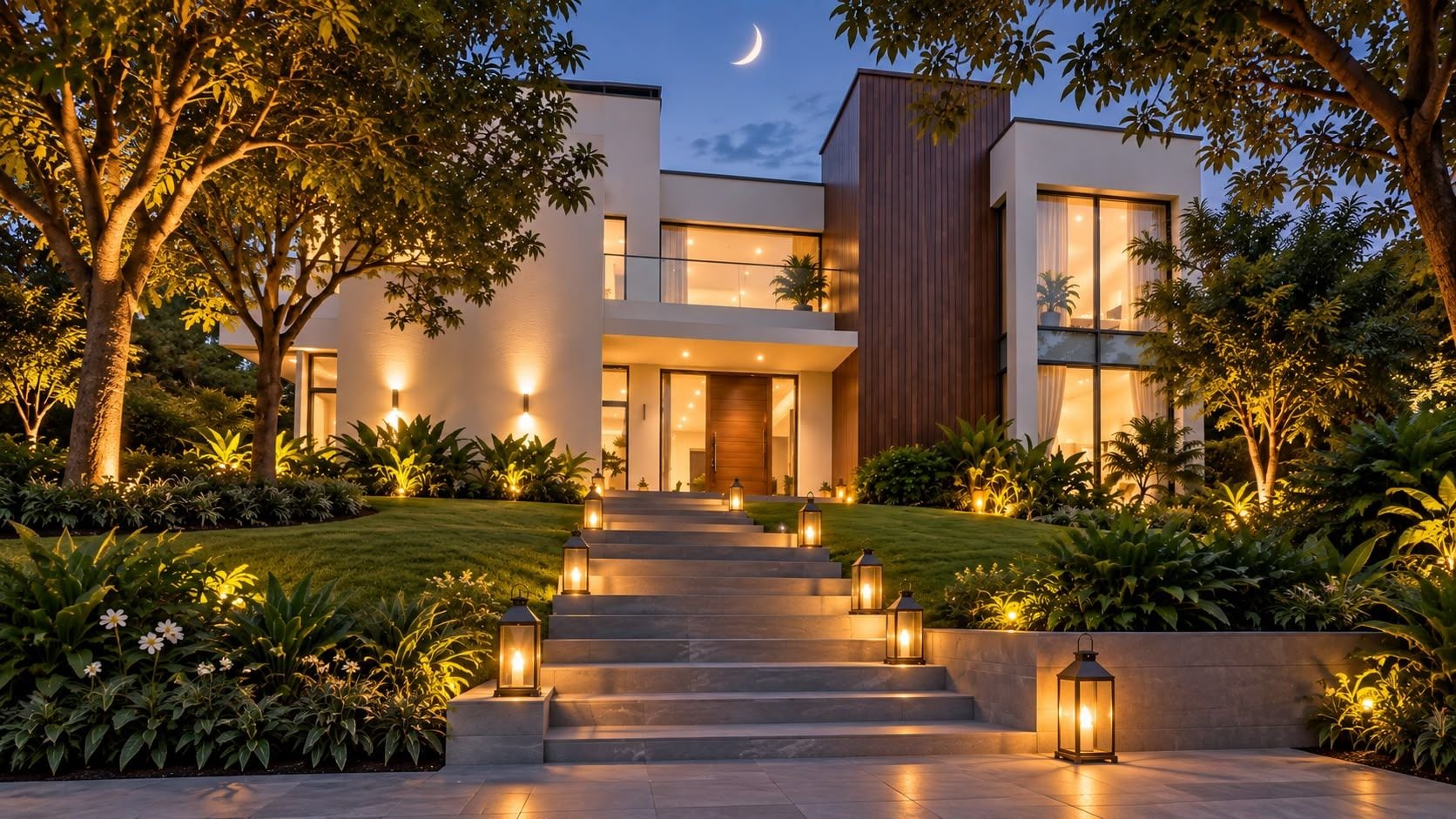 A modern house with a staircase leading to the entrance, surrounded by lush greenery and illuminated by outdoor lights.