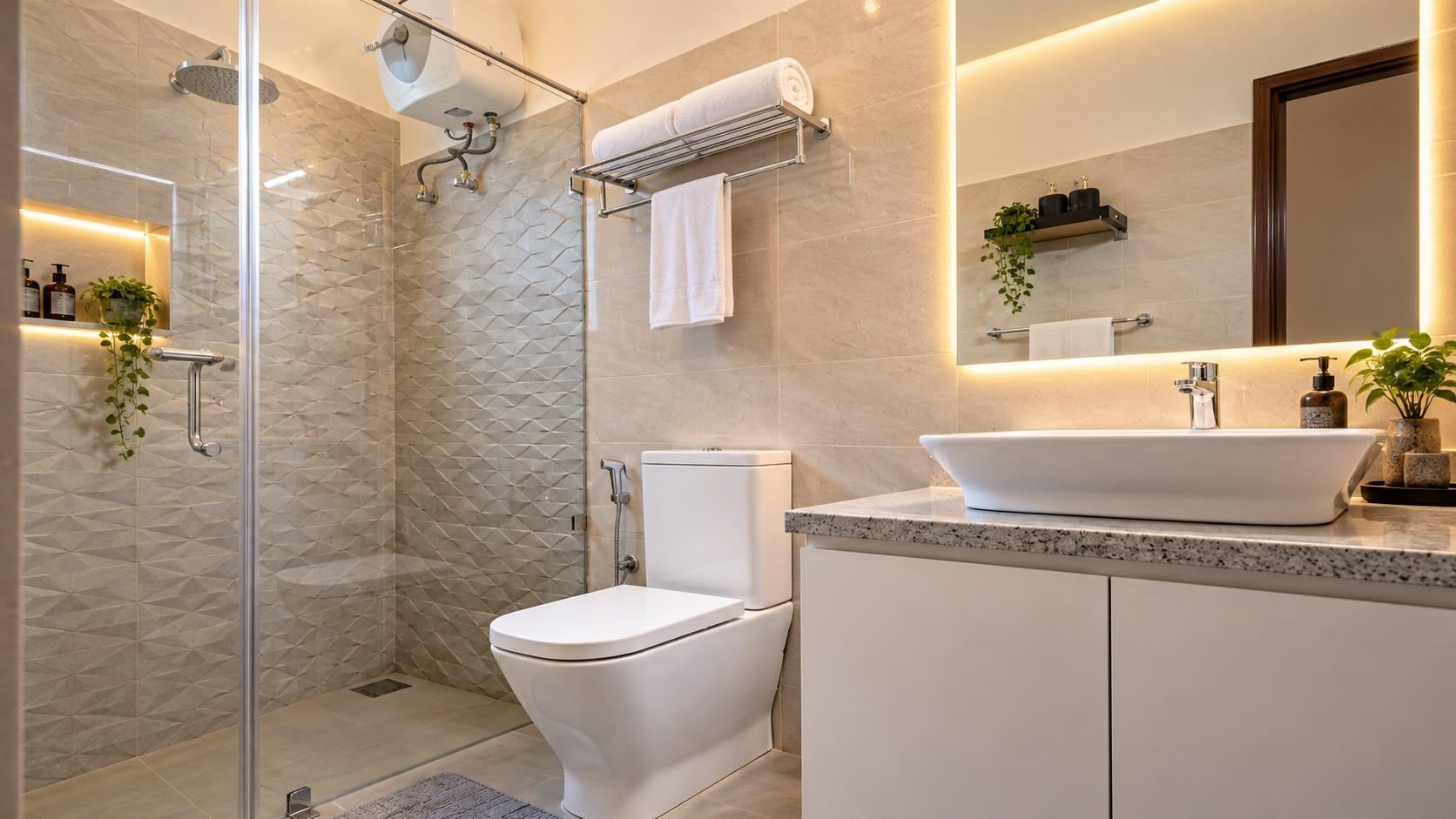 Un baño moderno con ducha de vidrio, inodoro blanco y un lavamanos grande tipo recipiente.