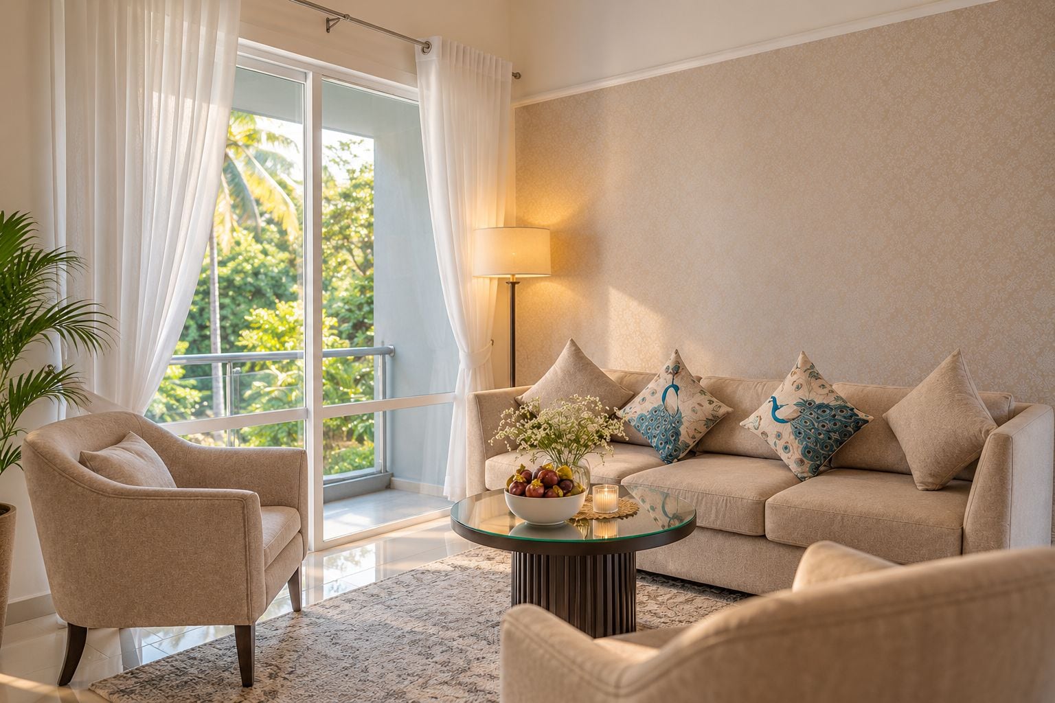 Una sala de estar con sofá, sillón y una mesa de centro de vidrio con un cuenco de frutas y flores.