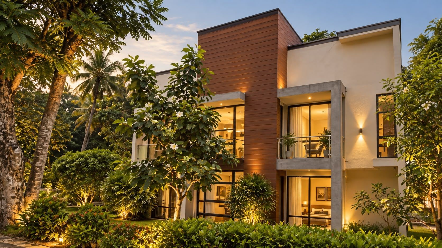 A modern two-story building with large windows and balconies, surrounded by lush greenery and palm trees.