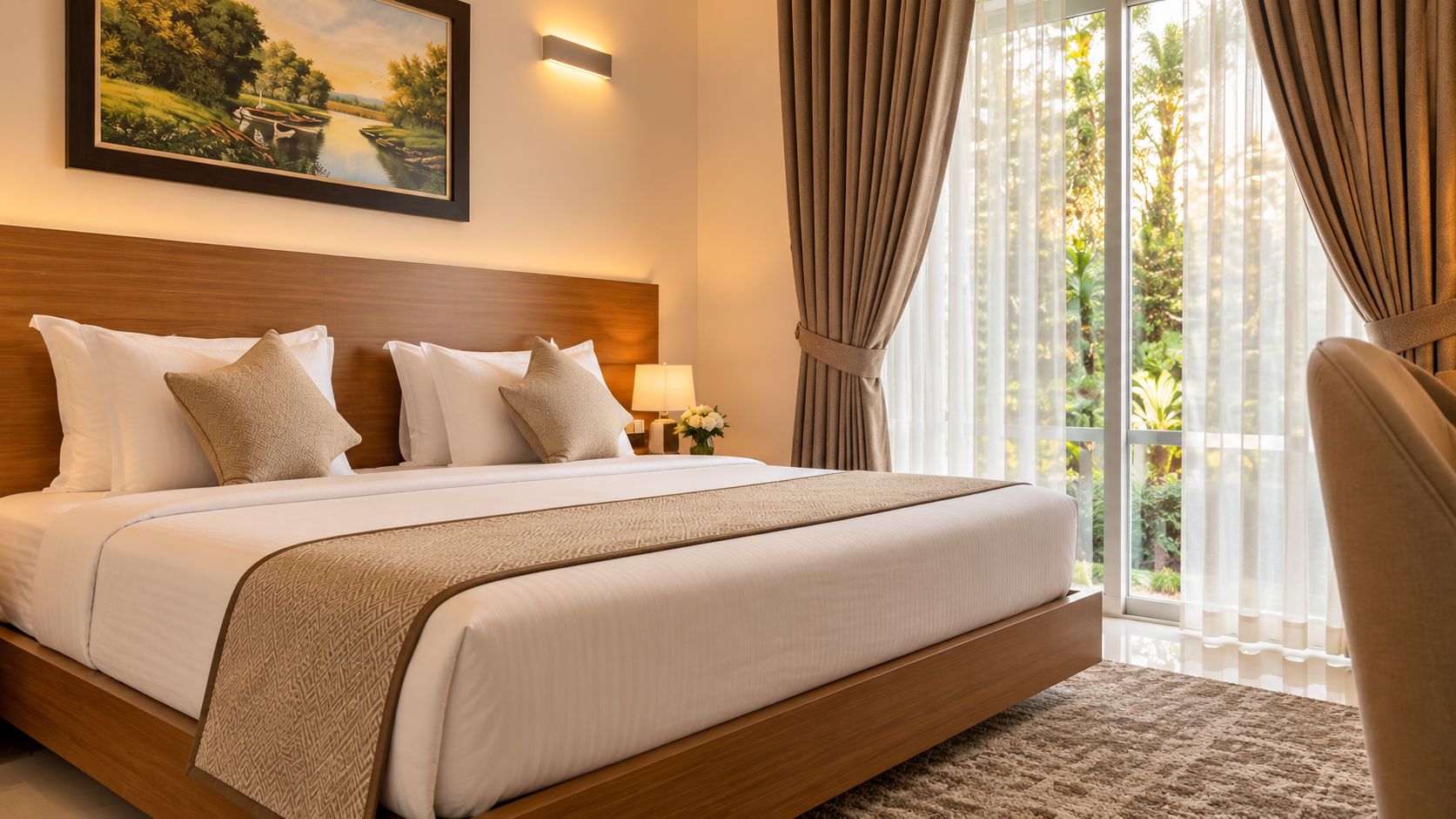 Une chambre d’hôtel avec un grand lit, une tête de lit, une table de chevet, une lampe et une vue sur la verdure par la fenêtre.