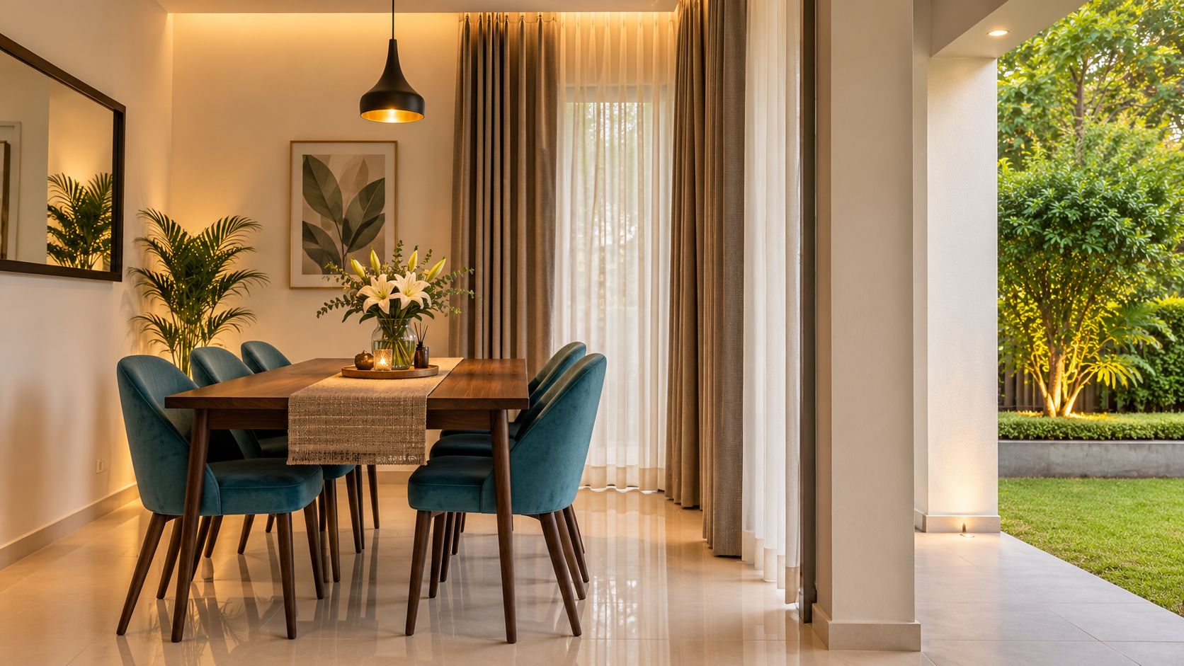 A dining area with a wooden table, blue chairs, a hanging light fixture, and a view of a garden through large windows.