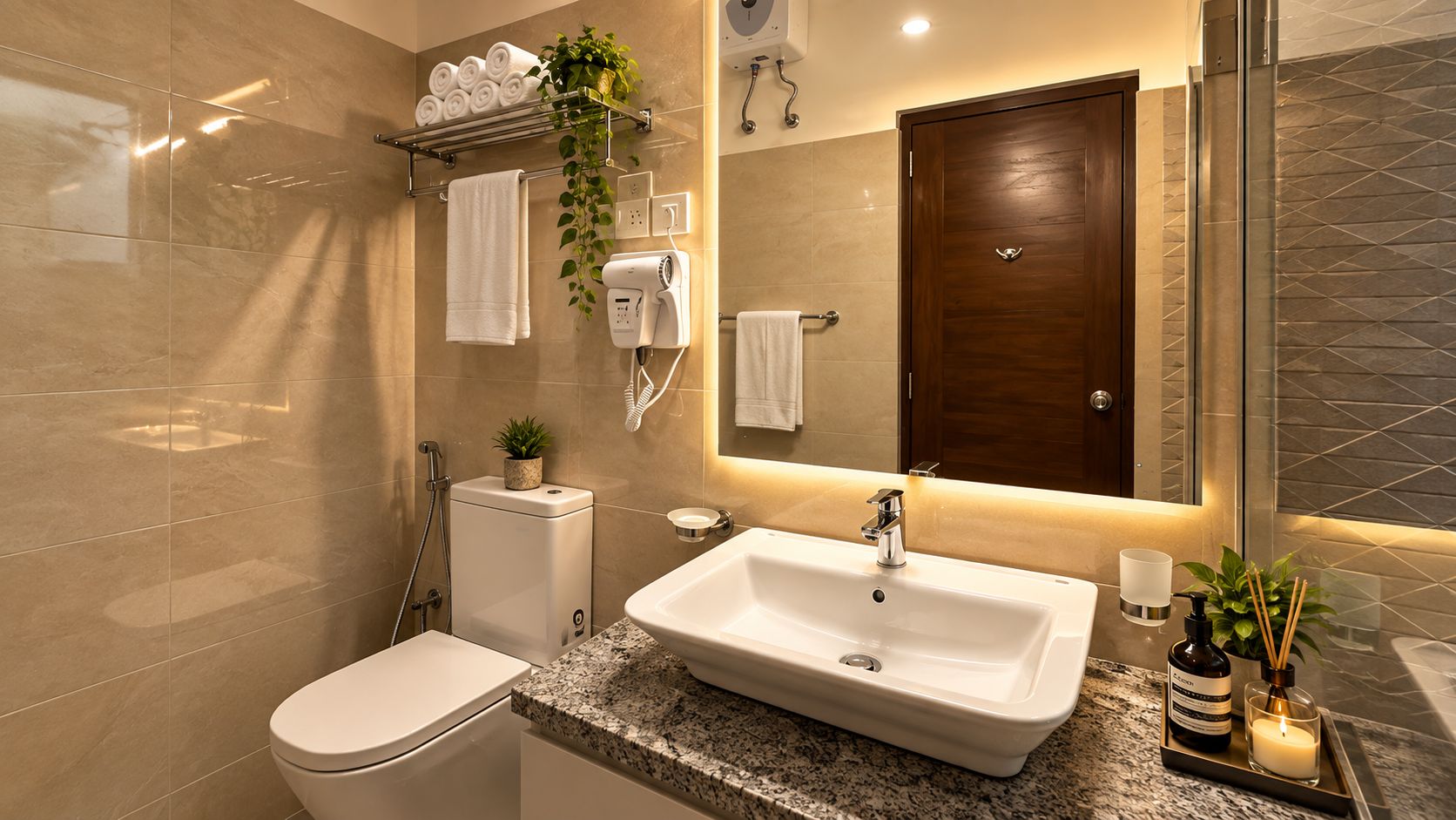 Un baño moderno con inodoro, lavabo y ducha.
