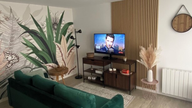 Een woonkamer met een groene bank, een televisie op een houten dressoir, een plant en een radiator.