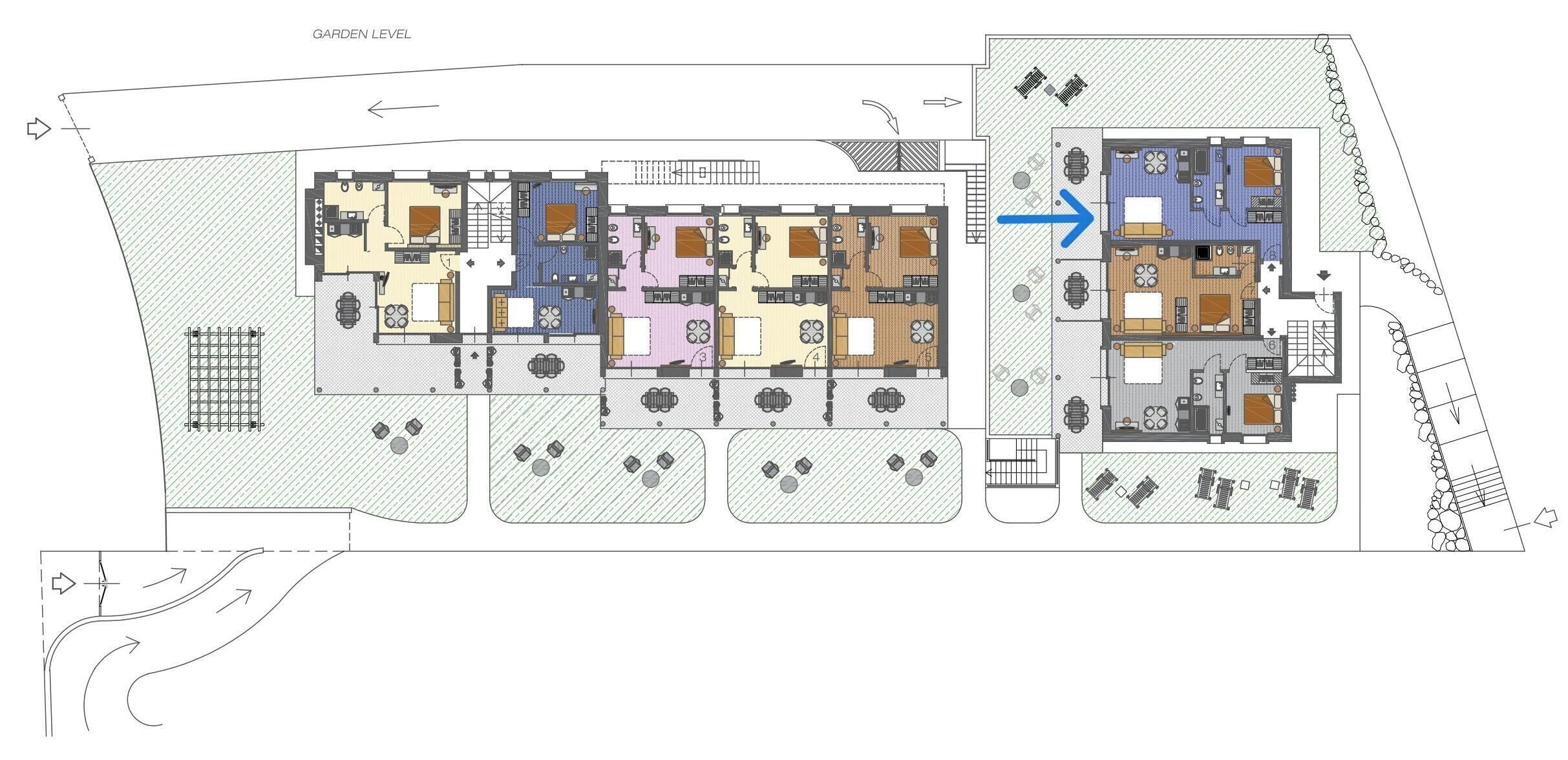 A floor plan of a hotel with multiple rooms, a garden level, and a parking area.
