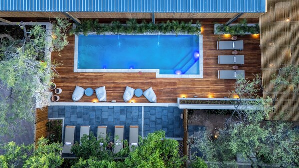 Une piscine sur le toit, agrémentée d’une terrasse en bois, de chaises longues et de plantes en pot.
