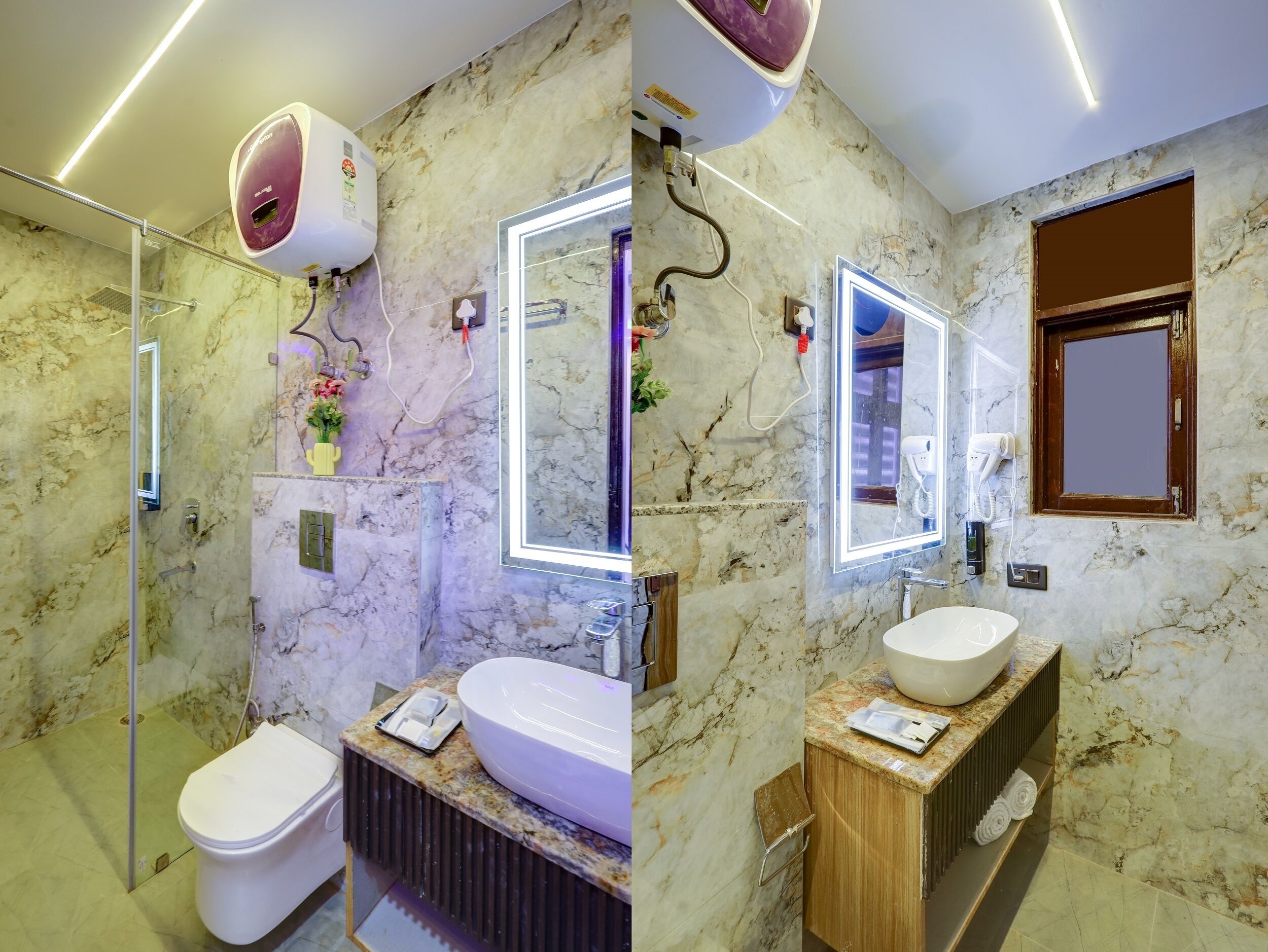 A modern bathroom with a marble wall, a large mirror, a built-in sink, and a shower area.