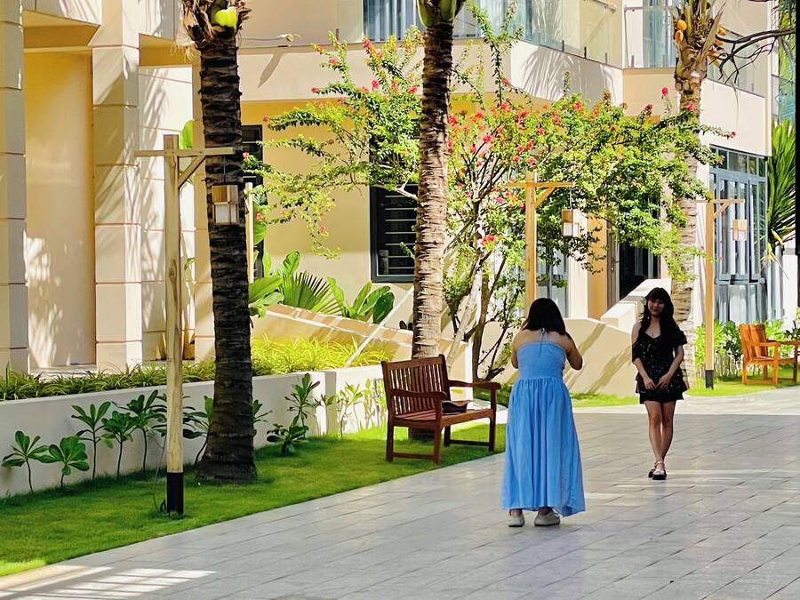 A pathway with palm trees and a bench, leading to a building with a balcony.